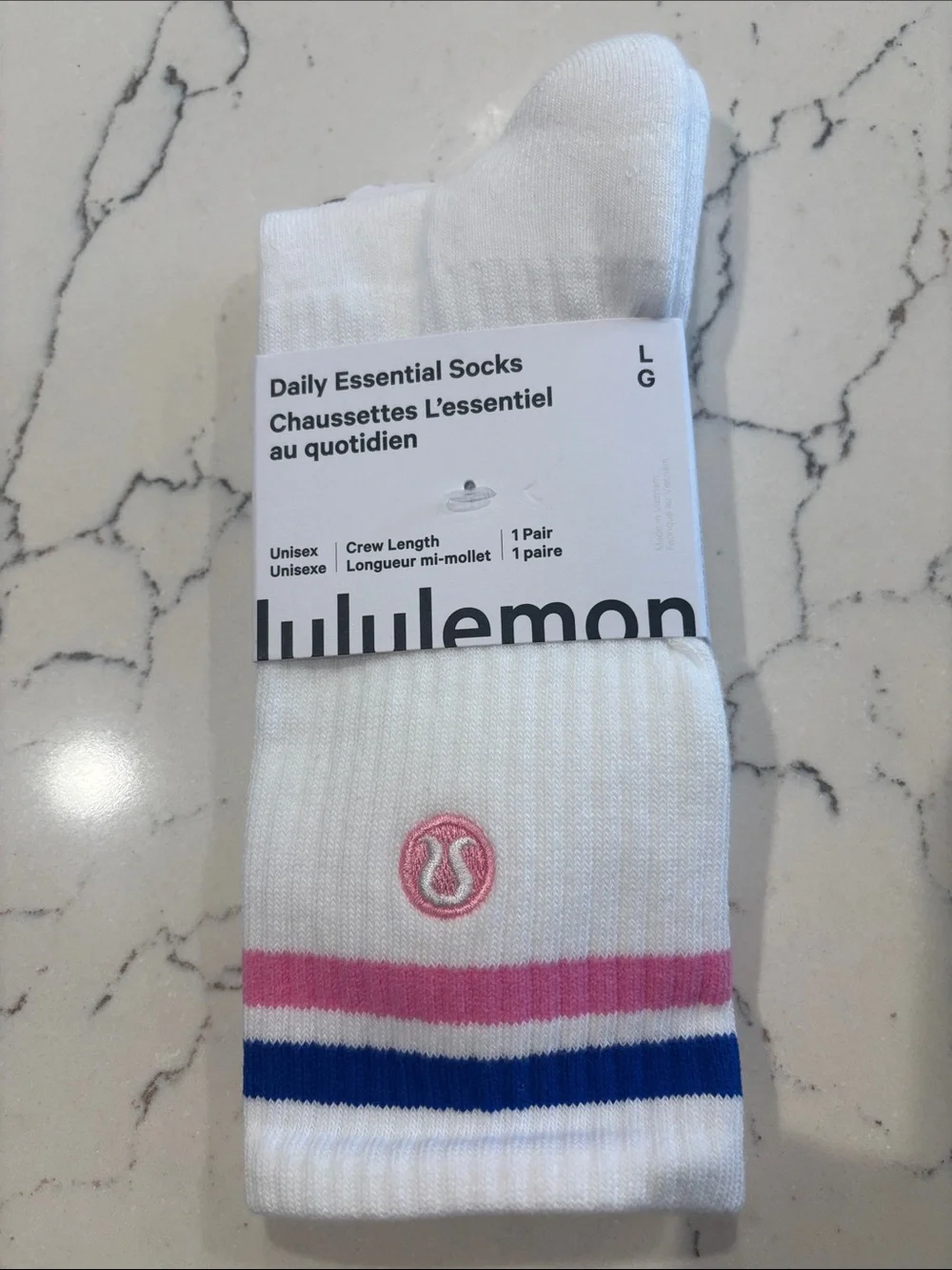 lululemon Daily Essential Crew Socks in White/Blue/Pink Size Large NWT